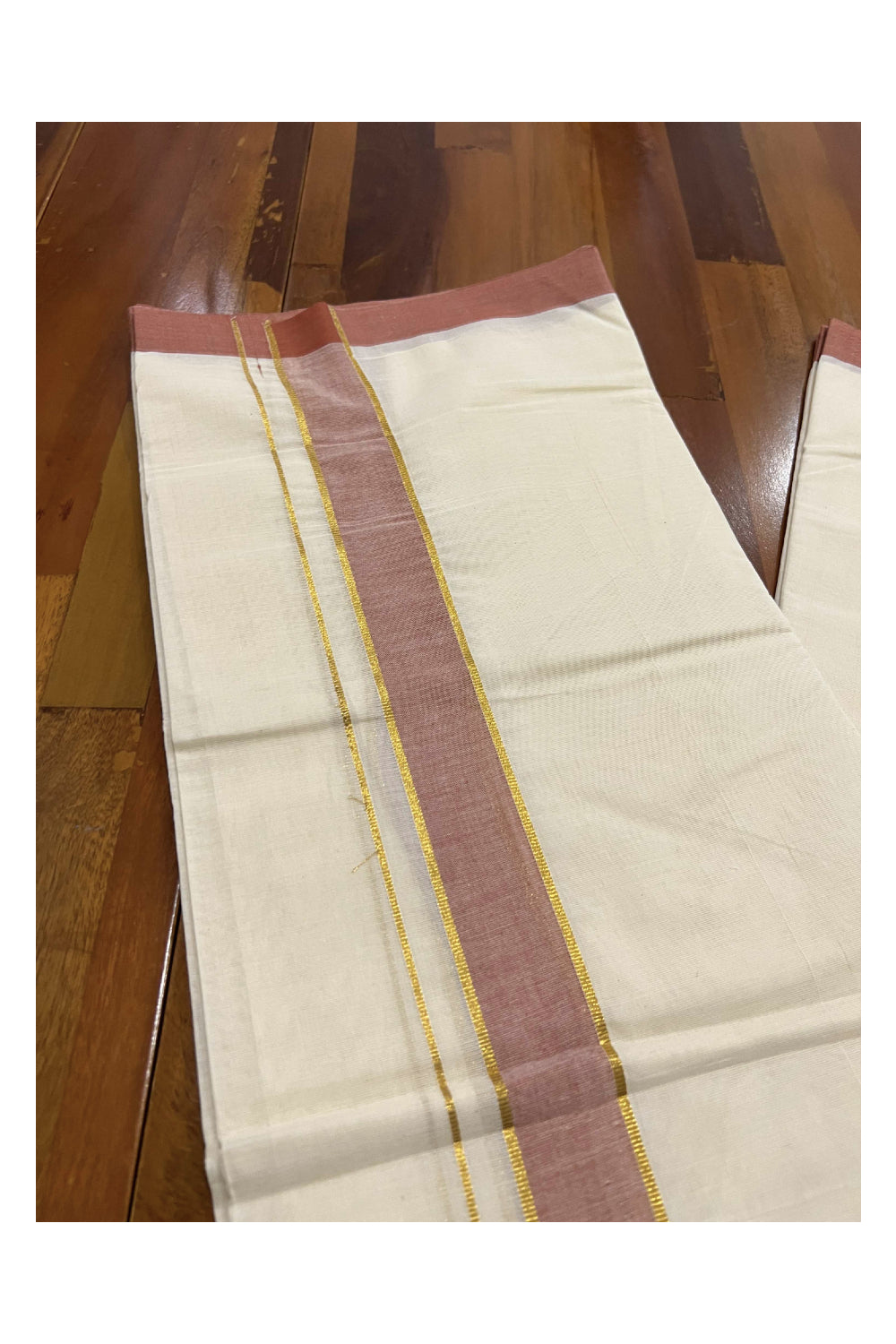 Off White Pure Cotton Double Mundu with Kasavu and Brick Red Kara (South Indian Dhoti)