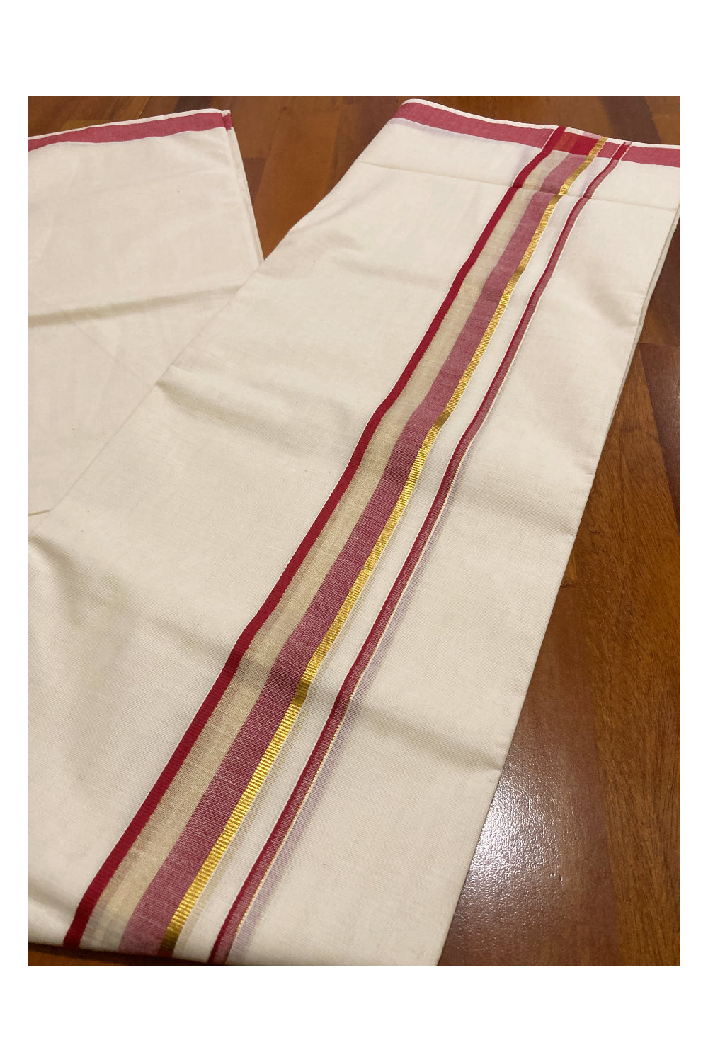 Pure Cotton Double Mundu with Maroon and Kasavu Border (South Indian Dhoti)