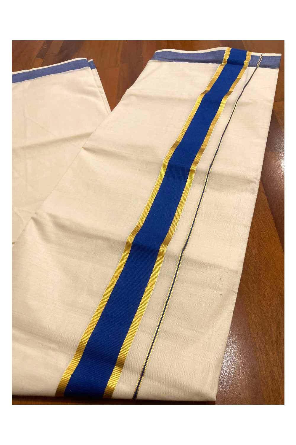 Off White Pure Cotton Double Mundu with Kasavu and Blue Border (South Indian Dhoti)