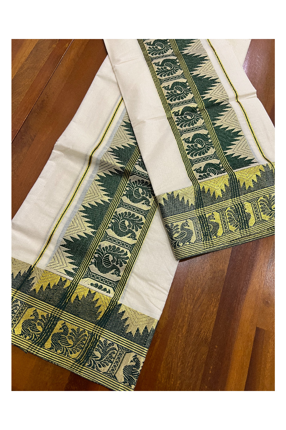 Pure Cotton Set Mundu (Mundum Neriyathum) with Green and Kasavu Woven Design on Border 2.80 Mtrs