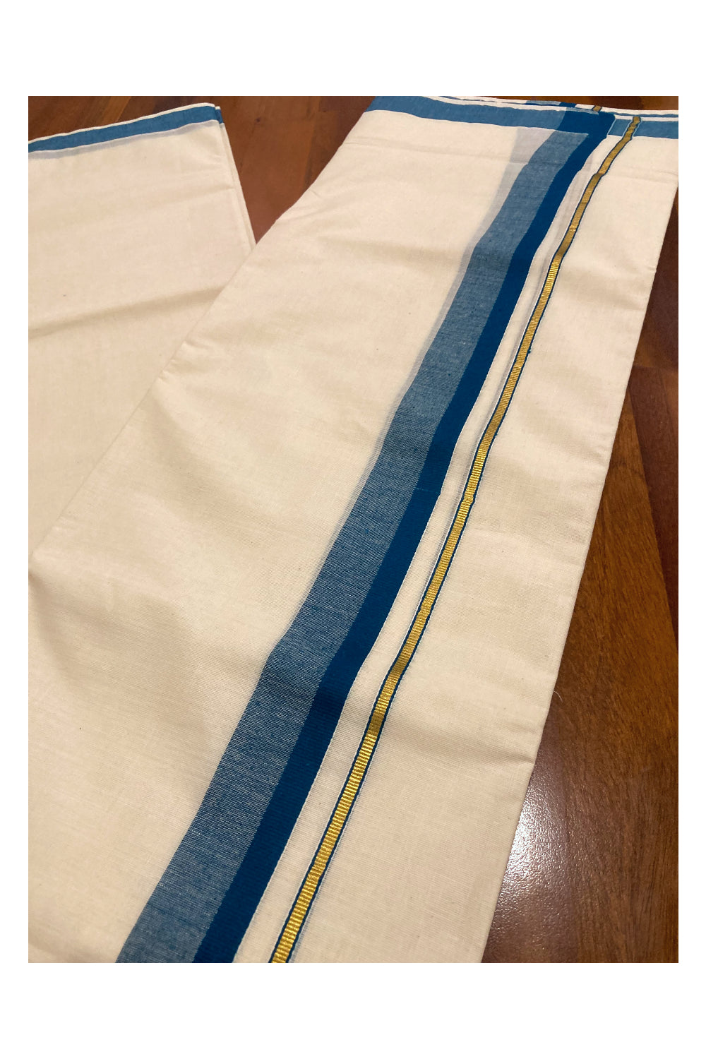 Off White Pure Cotton Double Mundu with Kasavu and Blue Border (South Indian Dhoti)