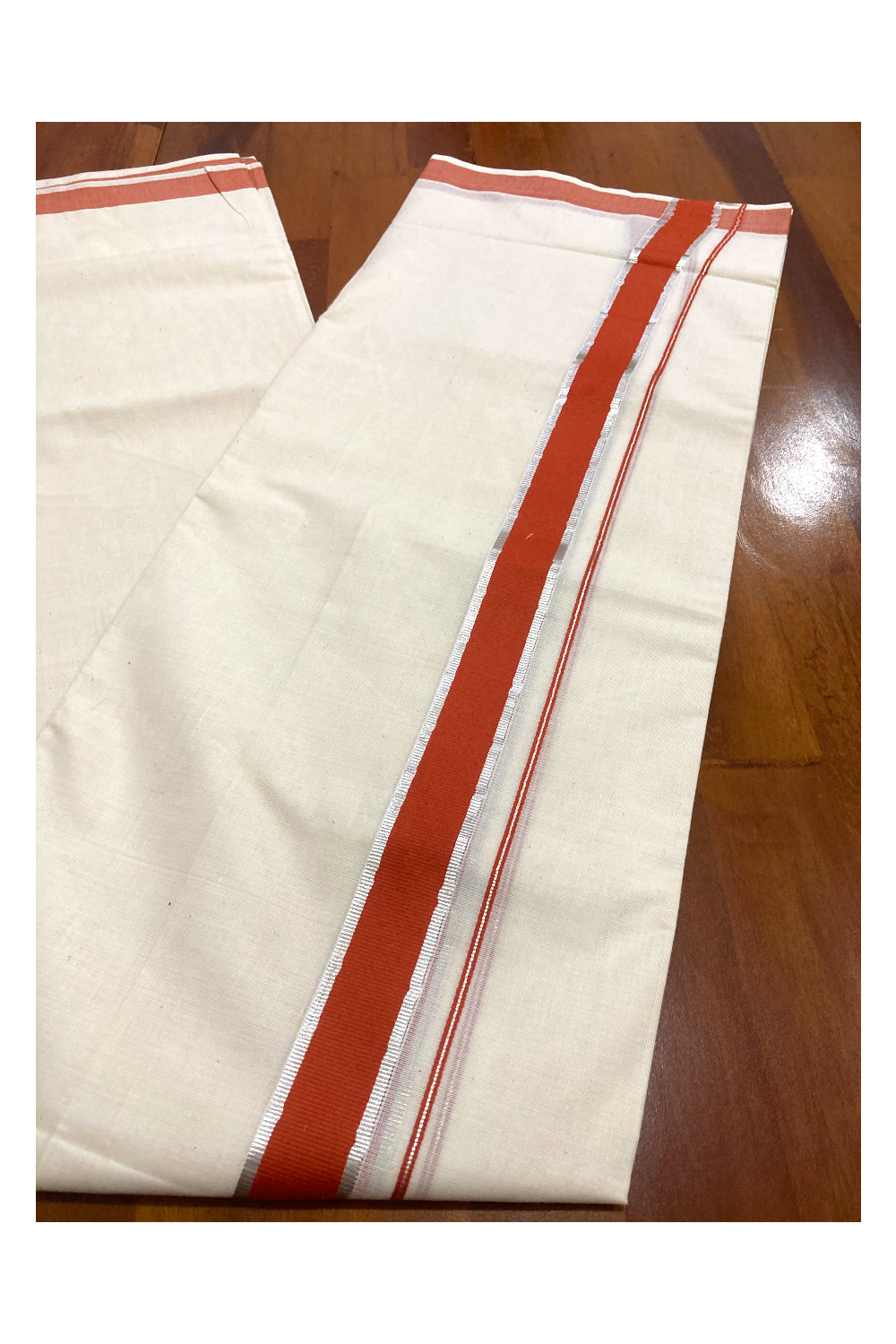 Pure Cotton Double Mundu with Orange and Silver Kasavu Border (South Indian Kerala Dhoti)