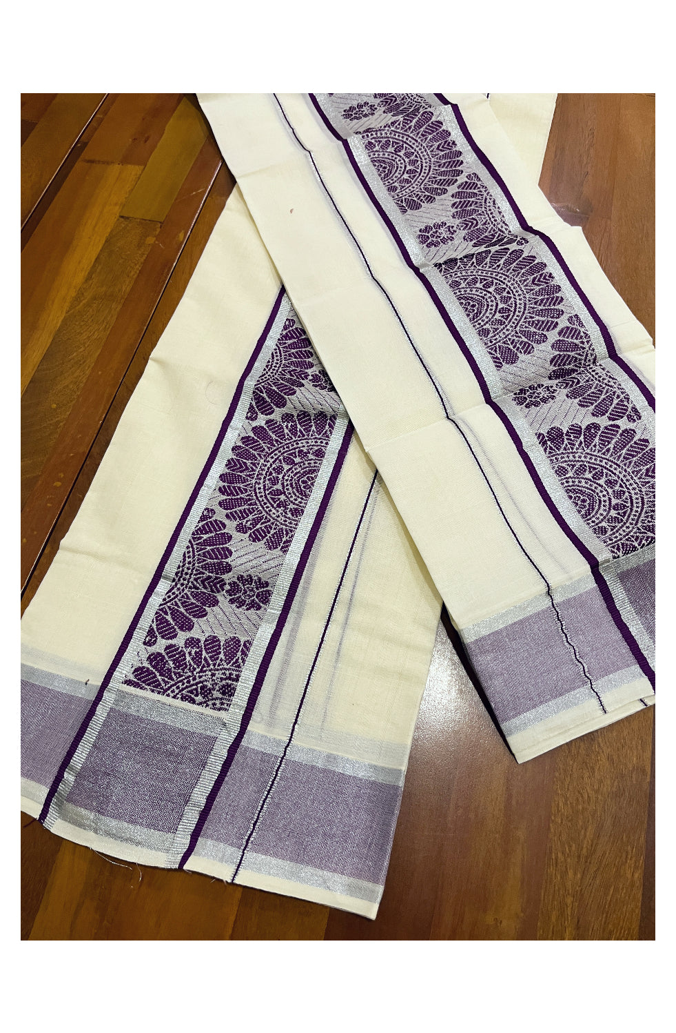 Pure Cotton Kerala Set Mundu (Mundum Neriyathum Onam 2023) with Violet and Silver Kasavu Woven Border