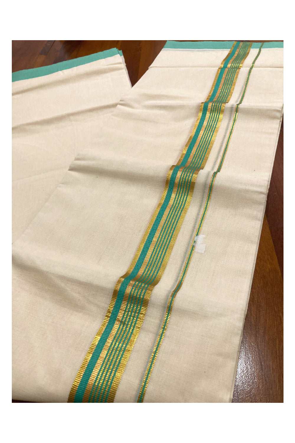 Pure Cotton Off White Double Mundu with Turquoise and Kasavu Border (South Indian Dhoti)