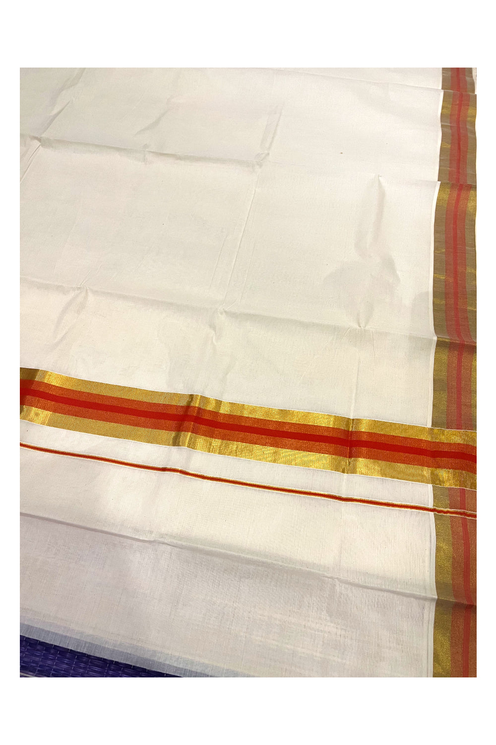 Pure Cotton Kerala Saree with Kasavu and Orange Border