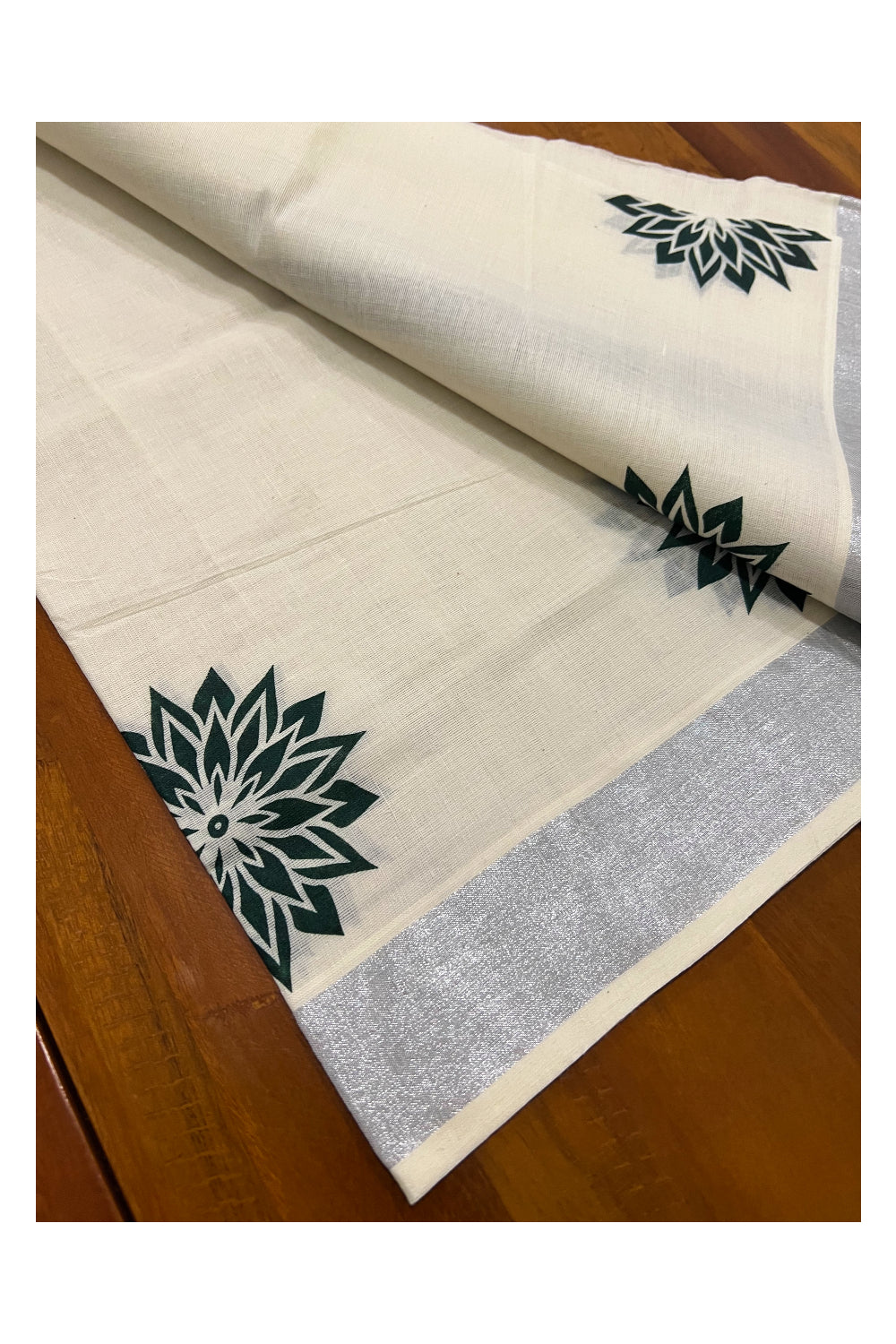 Pure Cotton Kerala Silver Kasavu Set Mundu (Mundum Neriyathum) with Floral Block Prints on Dark Green Border