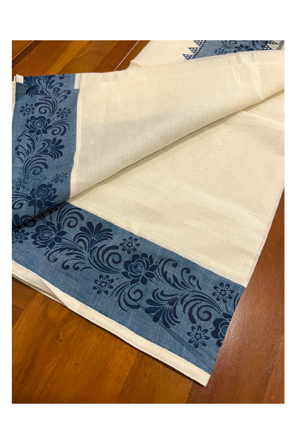 Kerala Cotton Set Mundu (Mundum Neriyathum) with Blue Floral Temple Block Prints on Border