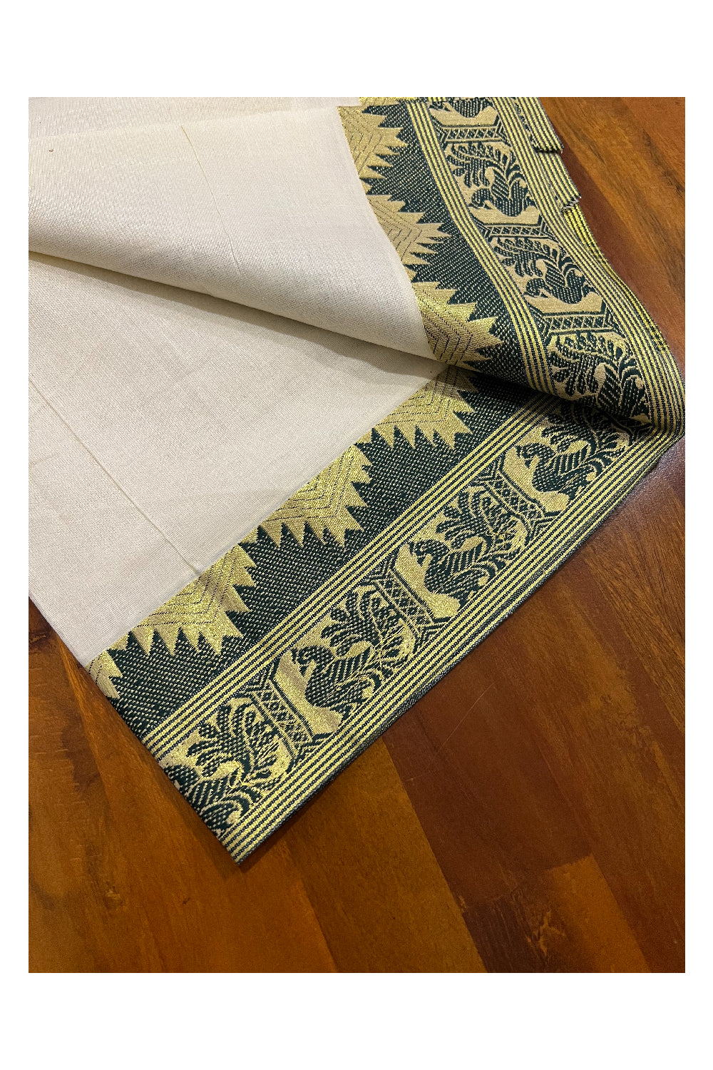 Pure Cotton Set Mundu (Mundum Neriyathum) with Green and Kasavu Woven Design on Border 2.80 Mtrs