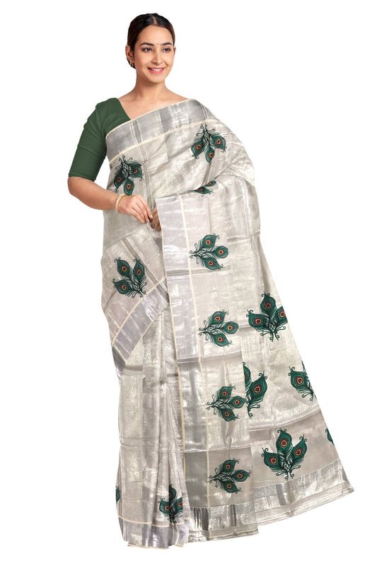 Kerala Silver Tissue Kasavu Saree with Feather Mural Prints