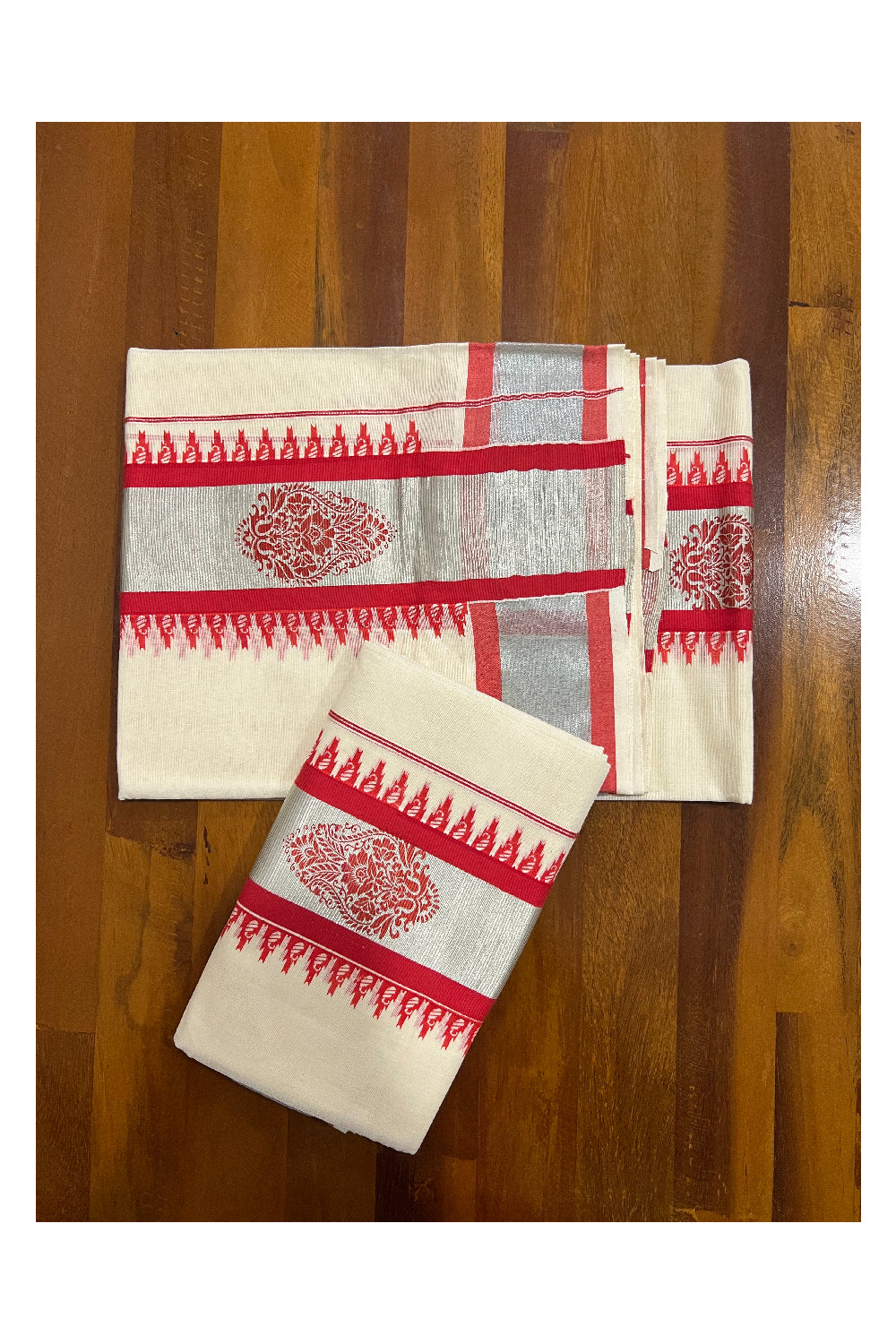 Kerala Cotton Set Mundu (Mundum Neriyathum) with Silver Kasavu and Red Block Prints on Border 2.80 Mtrs