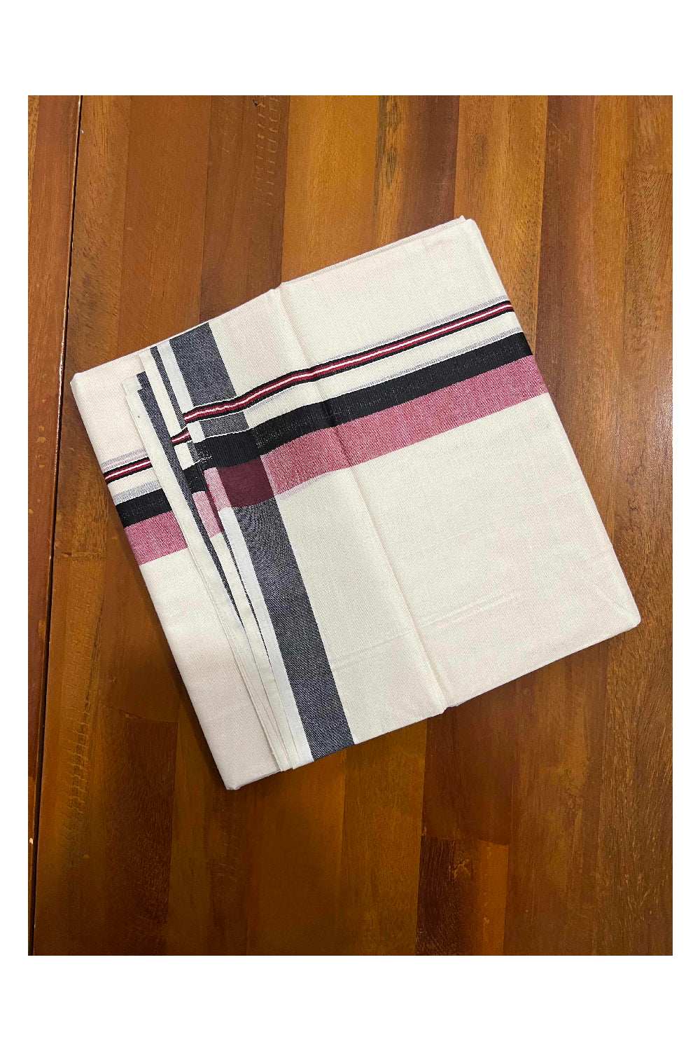 Off White Pure Cotton Double Mundu with Black and Maroon Shaded Border (South Indian Dhoti)