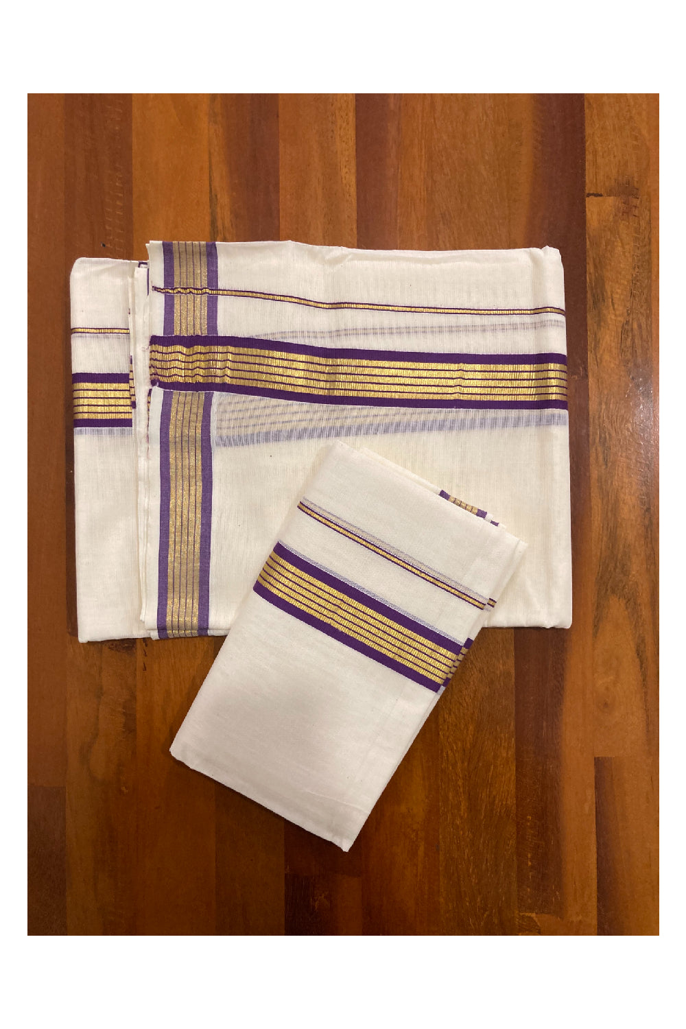 Kerala Cotton Mundum Neriyathum Double (Set Mundu) with Purple and Kasavu Border