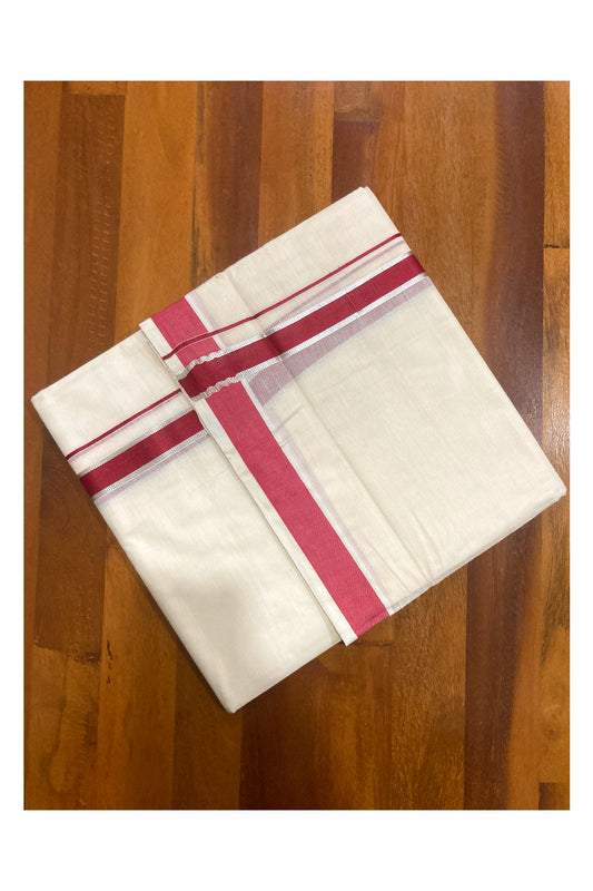 Pure Cotton Double Mundu with Maroon and Silver Kasavu Border (South Indian Dhoti)