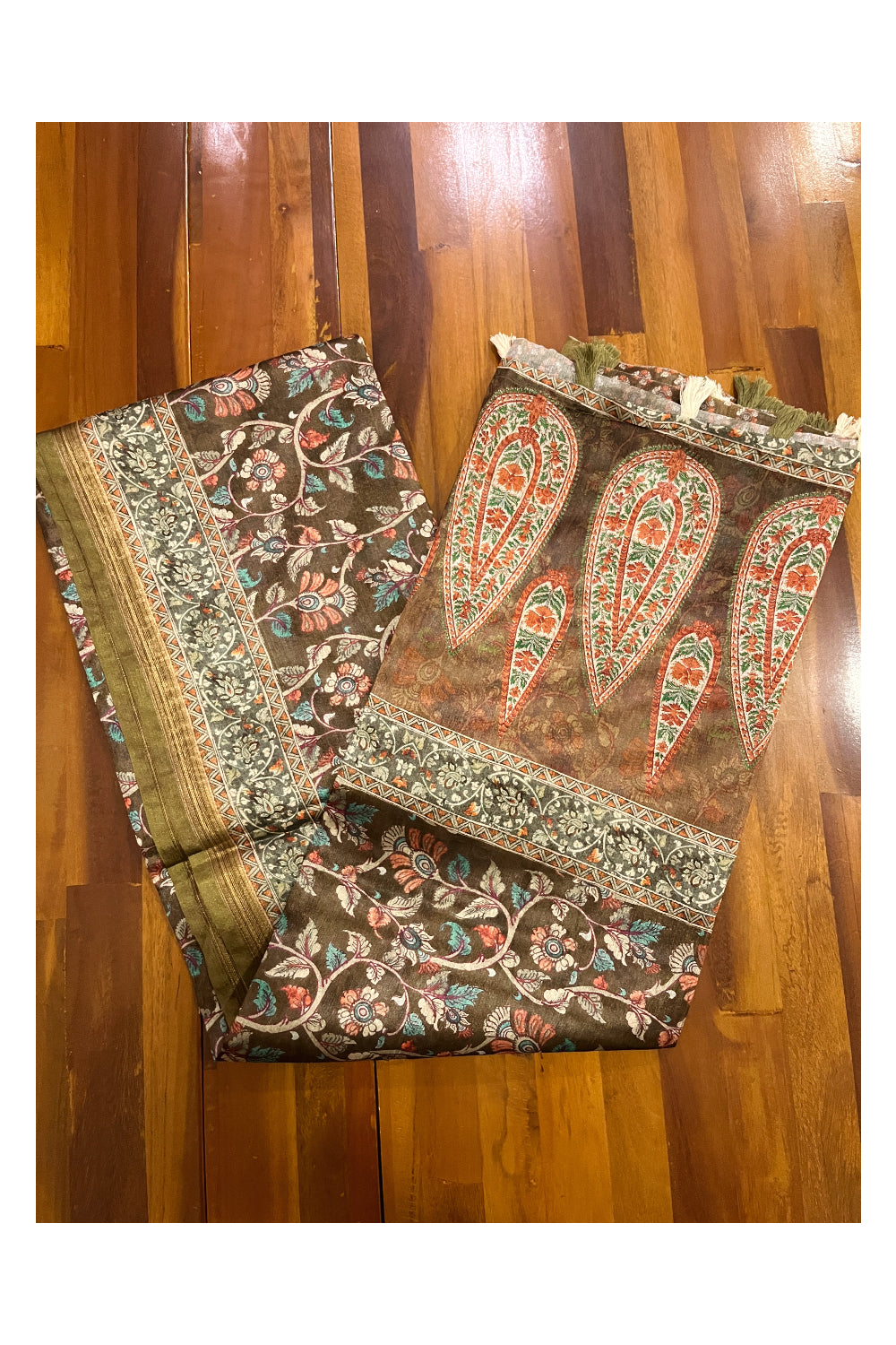 Southloom Art Silk Light Brown Saree with Floral Prints on Body