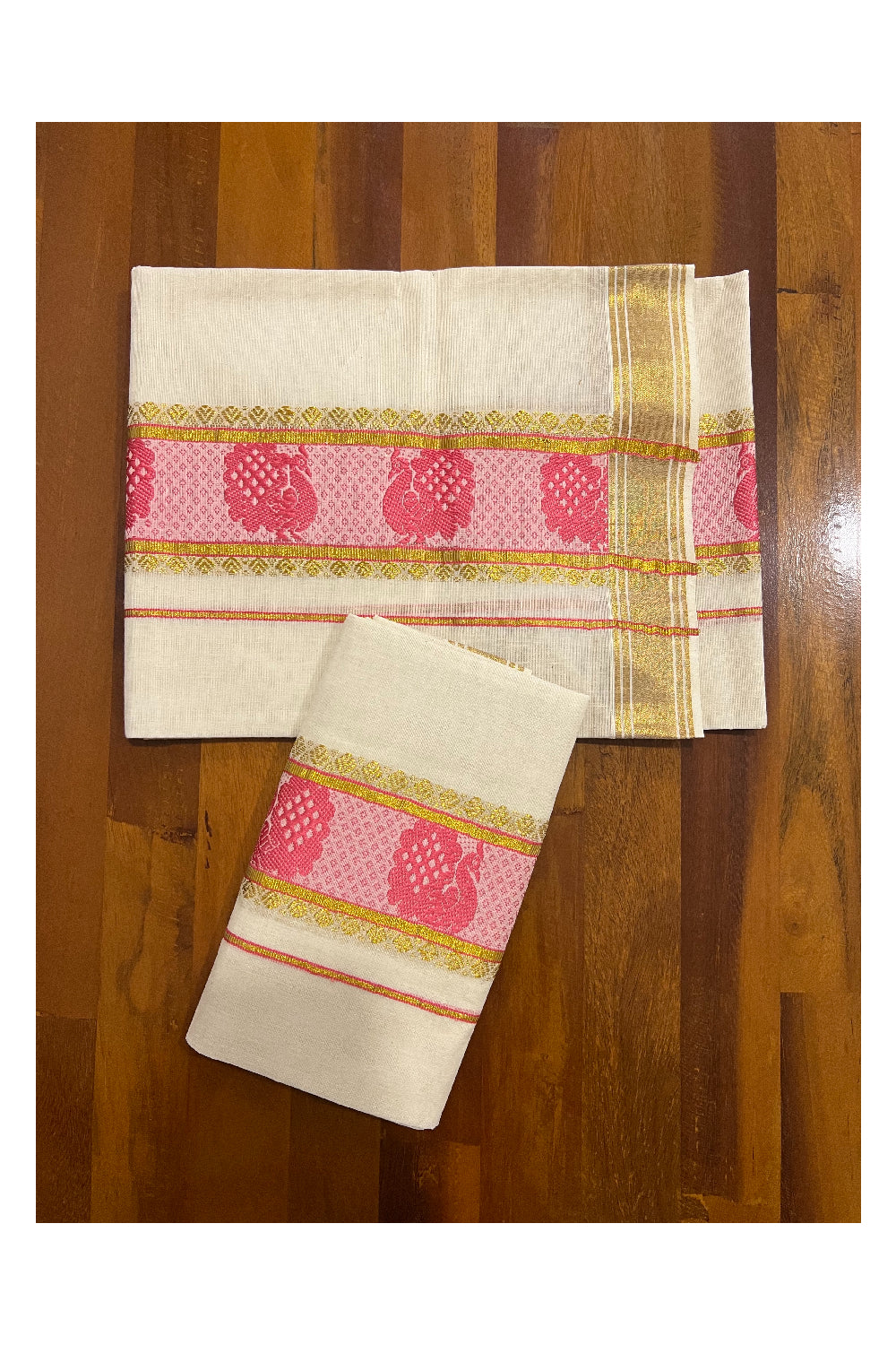 Kerala Cotton Set Mundu (Mundum Neriyathum) with Pink Peacock Woven and Kasavu Border