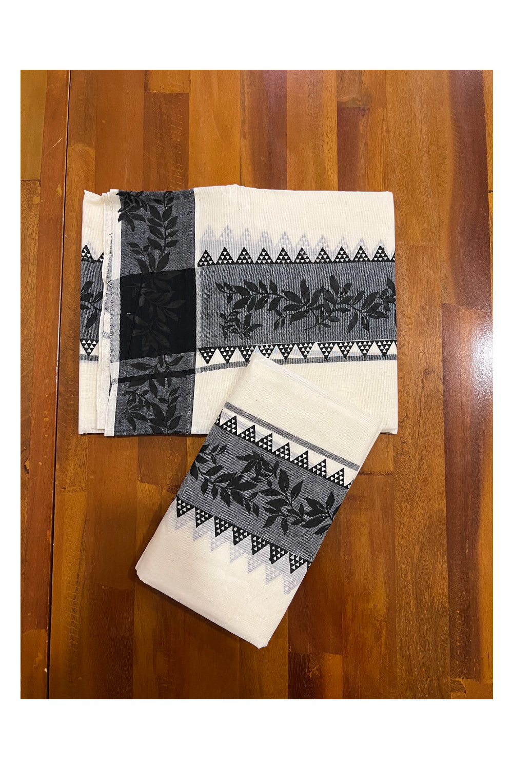 Kerala Cotton Set Mundu (Mundum Neriyathum) with Black Leaf Temple Block Prints on Border