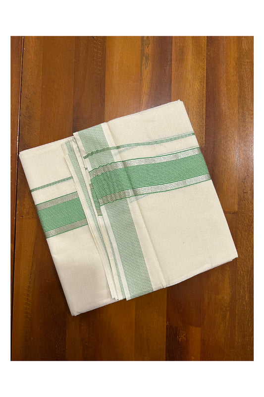 Off White Kerala Double Mundu with Silver Kasavu and Light Green Border (South Indian Dhoti)