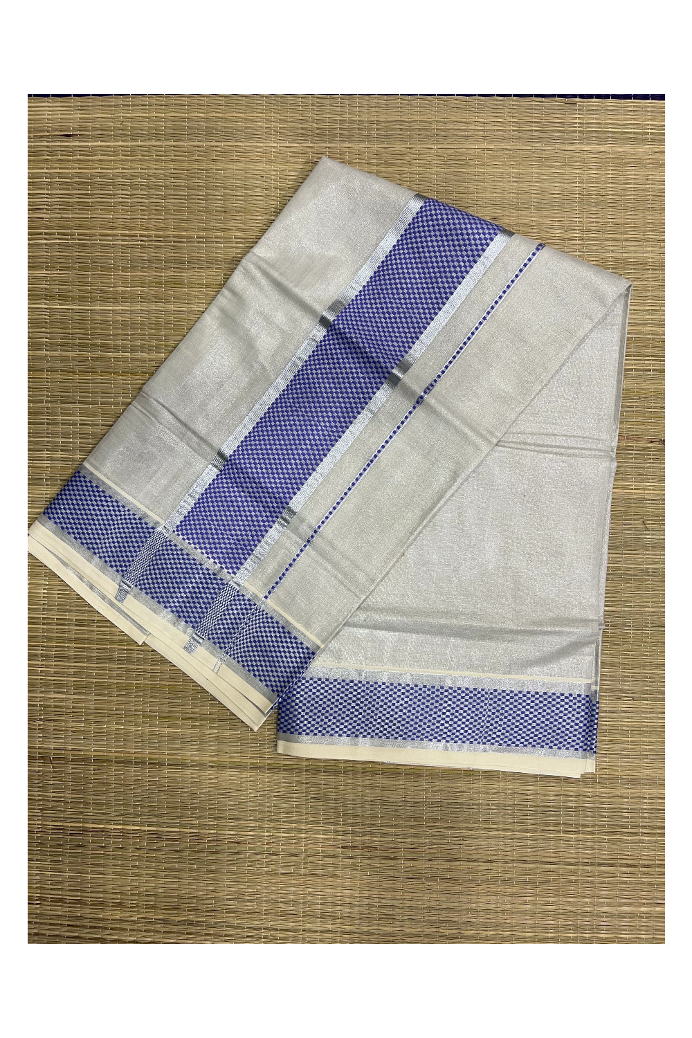 Kerala Silver Tissue Kasavu Saree with Violet Paa Neythu Border