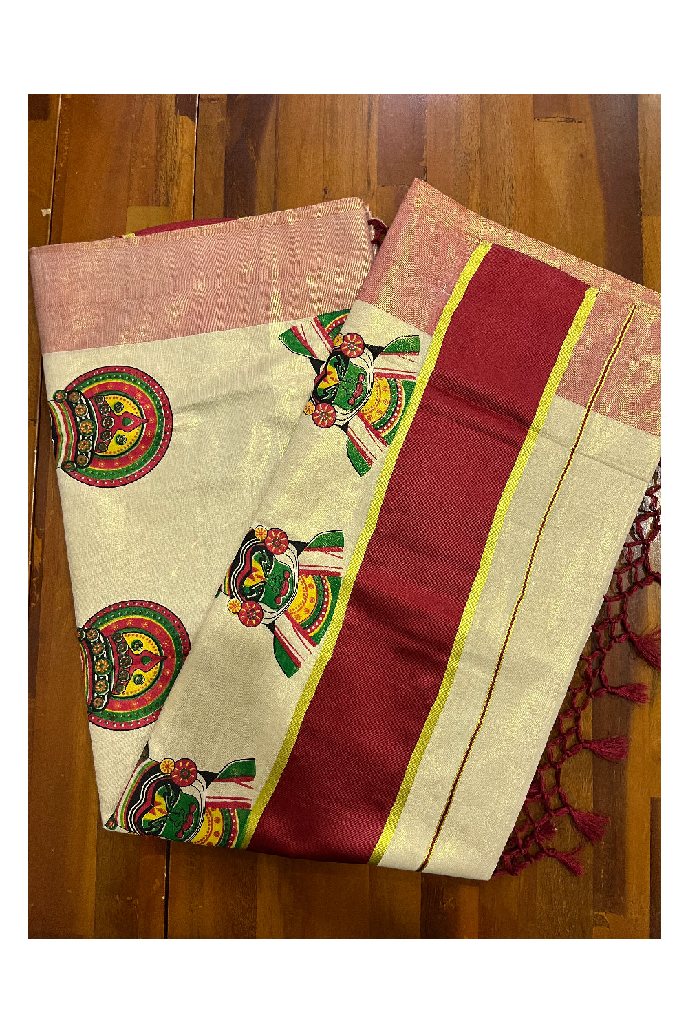 Kerala Tissue Kasavu Kathakali Mural Prints and Maroon Border Saree