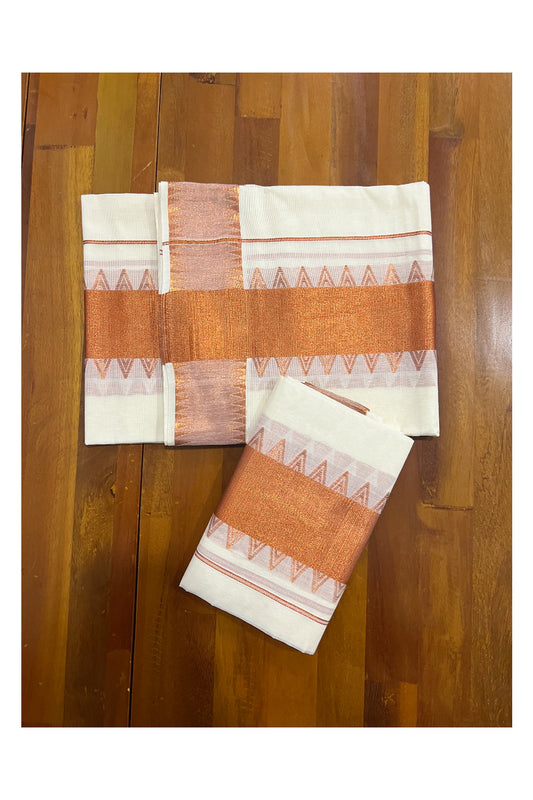 Kerala Cotton Set Mundu Single (Mundum Neriyathum) with Copper Kasavu Temple Work