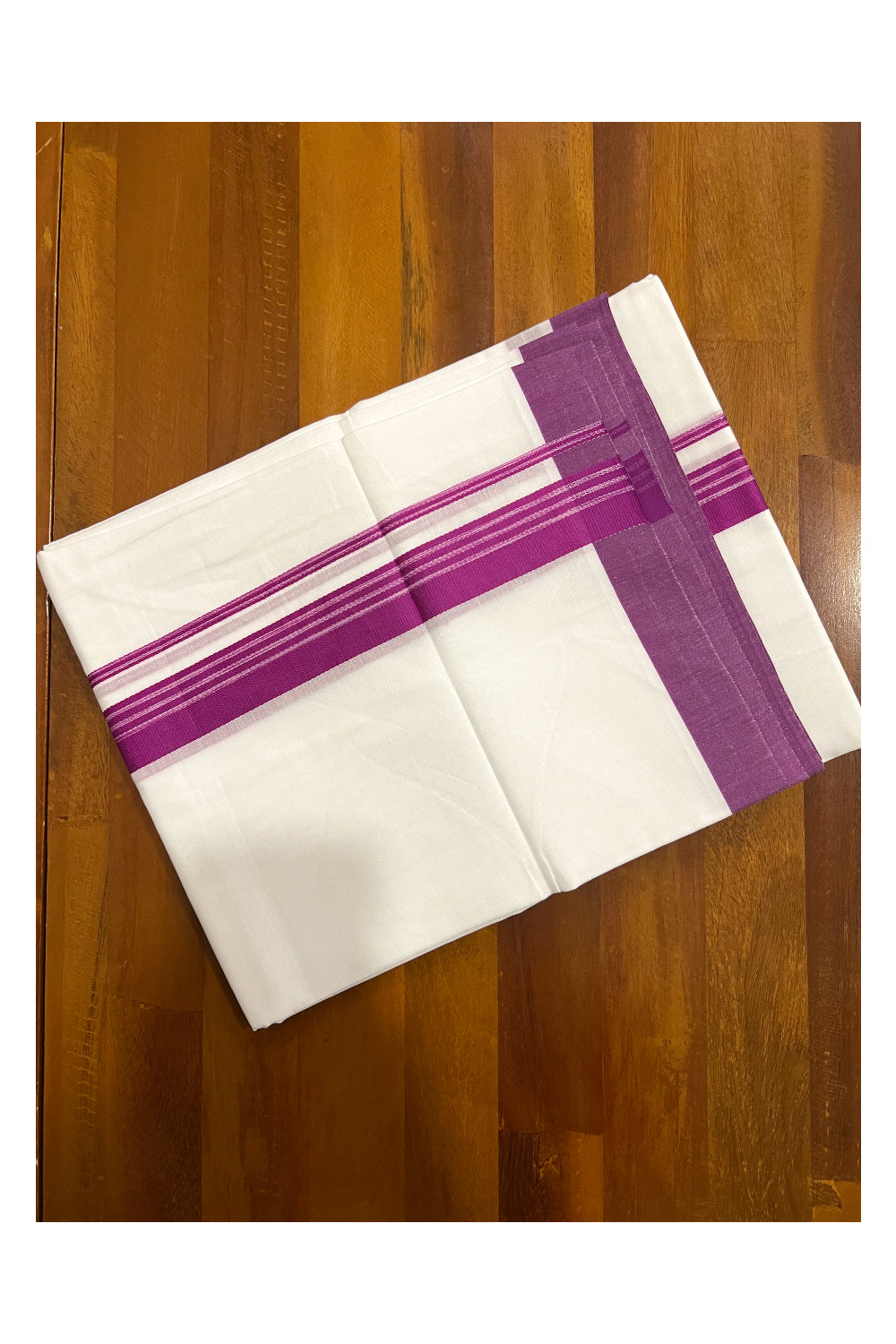 Pure White Cotton Double Mundu with Magenta Border (South Indian Dhoti)