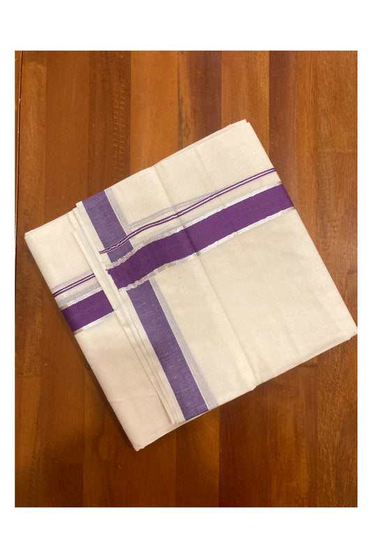 Pure Cotton Double Mundu with Violet and Silver Kasavu Border (South Indian Kerala Dhoti)