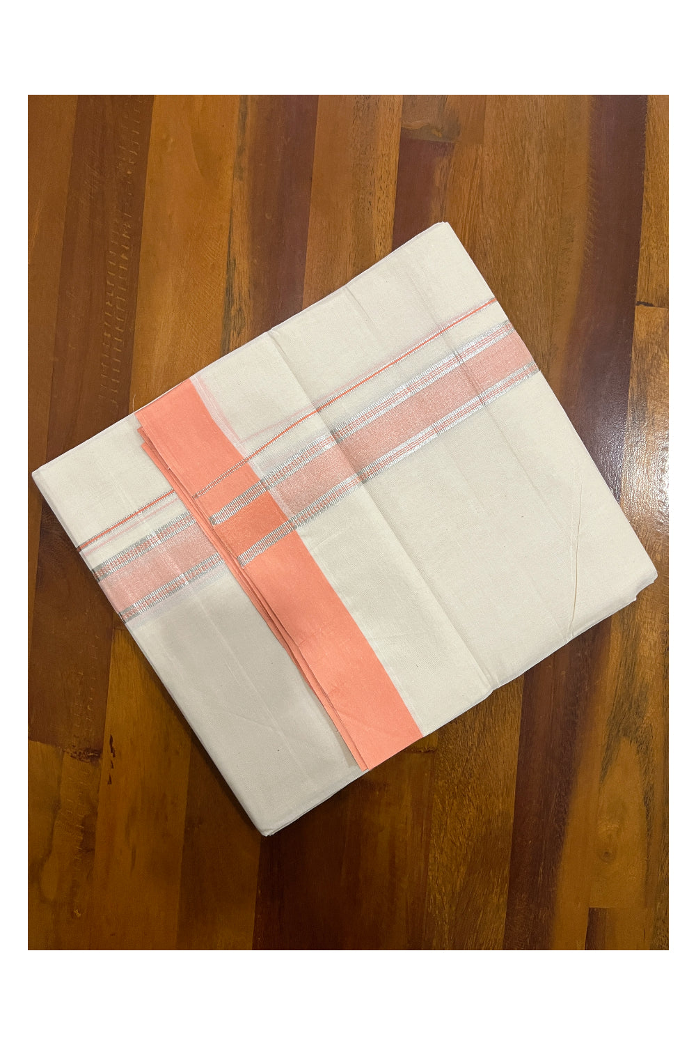 Pure Cotton Off White Double Mundu with Peach and Silver Kara (South Indian Dhoti)