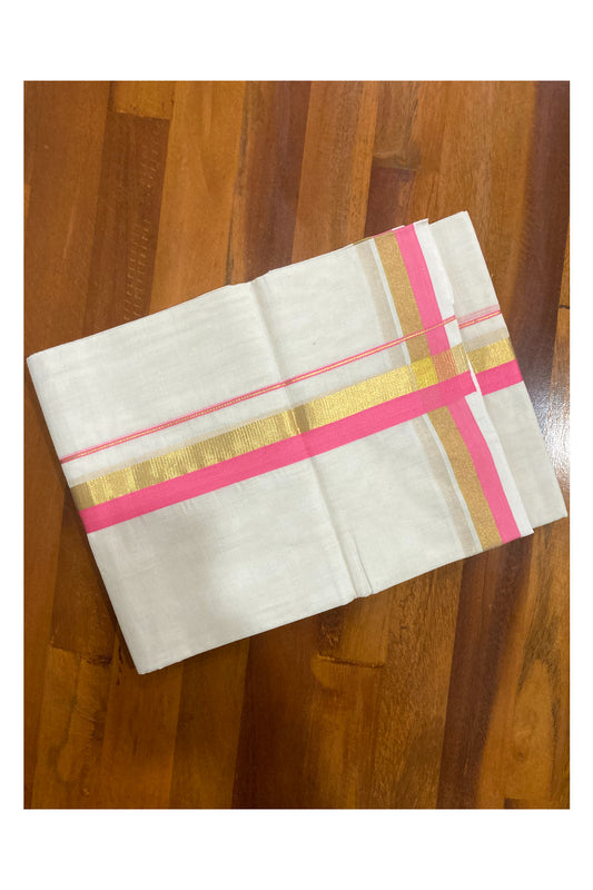 Southloom Premium Handloom Pure Cotton Mundu with Kasavu and Pink Border (South Indian Kerala Dhoti)