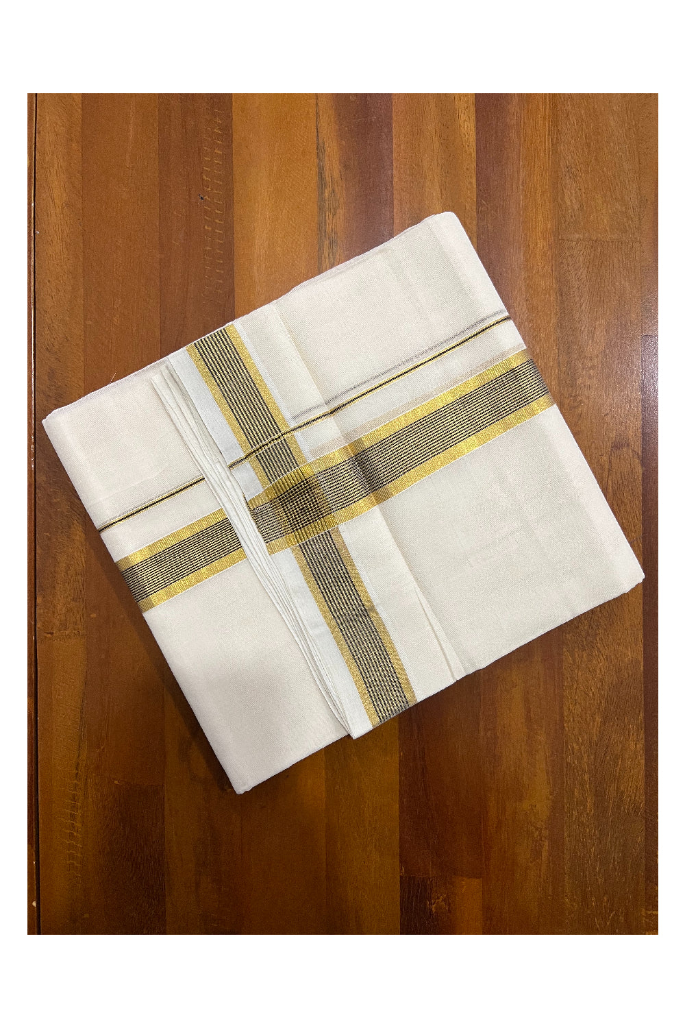 Southloom Balaramapuram Handloom Pure Cotton Mundu with Golden and Black Line Kasavu Border (South Indian Dhoti)