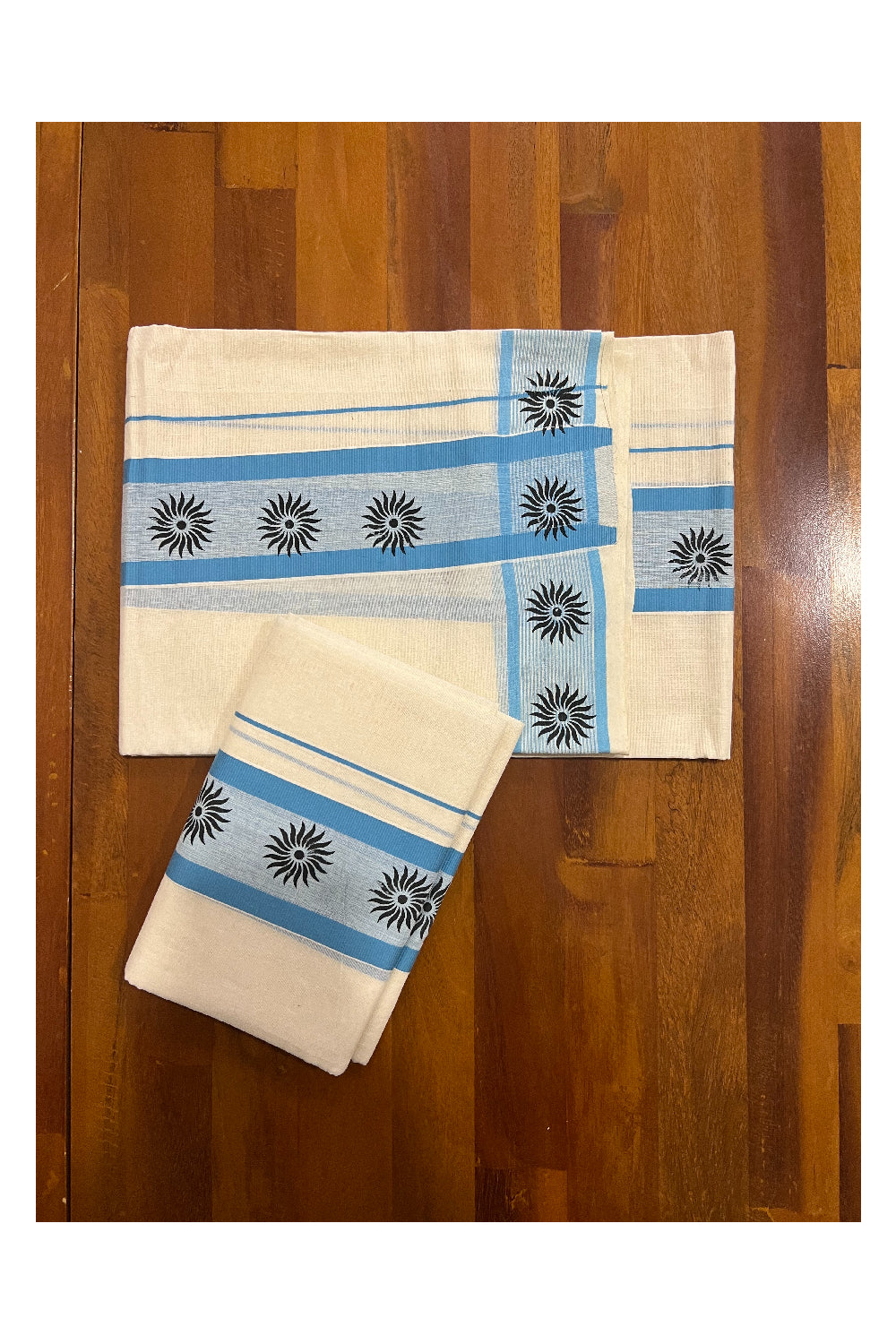 Kerala Cotton Set Mundu (Mundum Neriyathum) with Black Block Prints on Light Blue Border