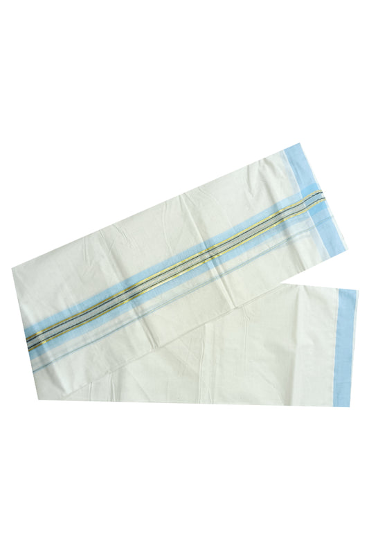 Off White Kerala Double Mundu with Kasavu and Sky Blue Kara (South Indian Dhoti)