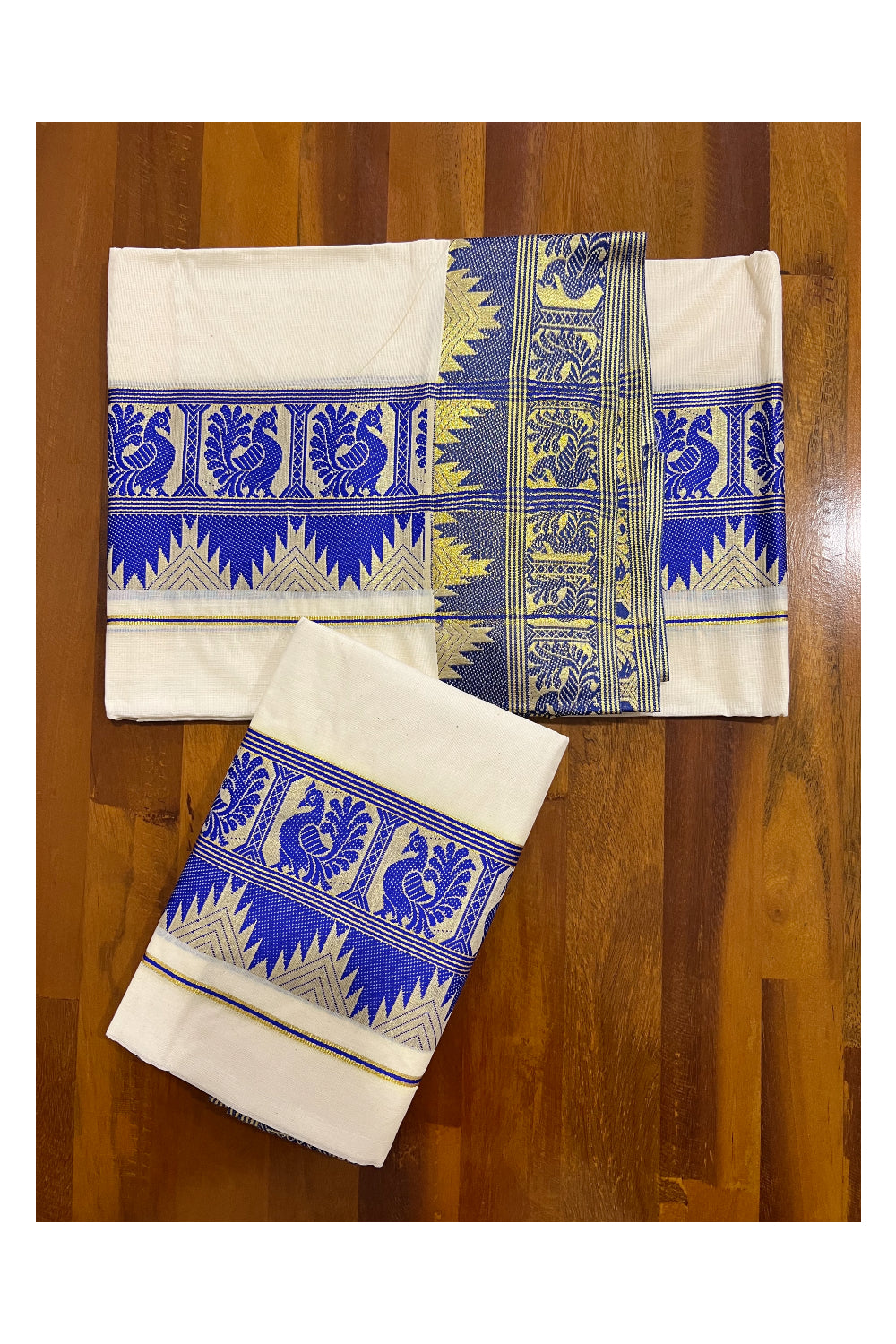 Pure Cotton Set Mundu (Mundum Neriyathum) with Blue and Kasavu Woven Design on Border 2.80 Mtrs