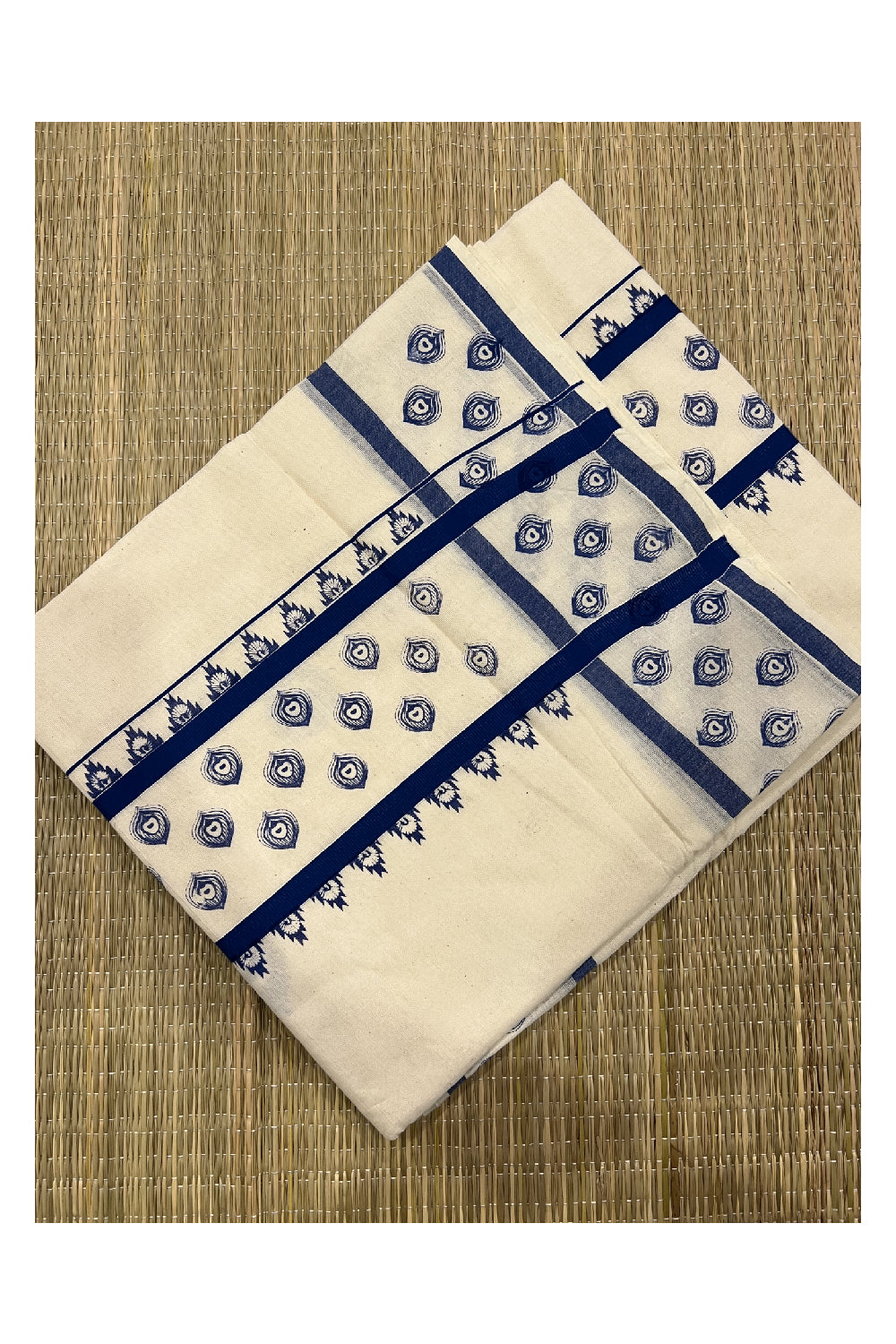 Pure Cotton Off White Kerala Saree with Blue Block Print Border