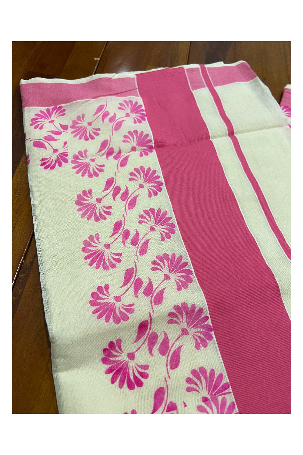 Pure Cotton Kerala Saree with Pink Floral Block Printed Border