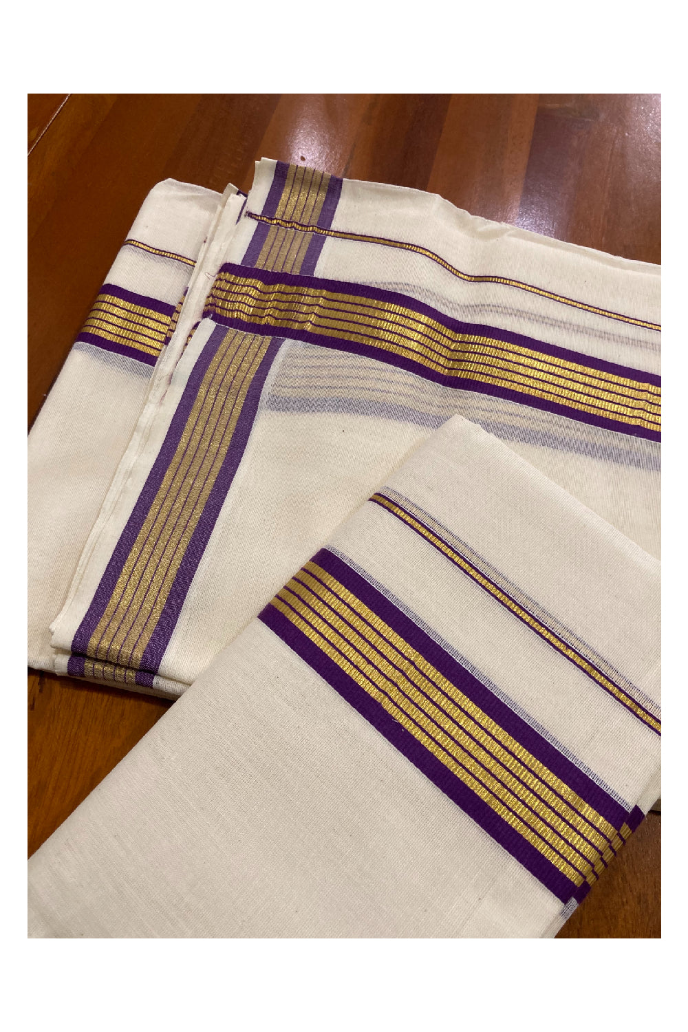 Kerala Cotton Mundum Neriyathum Double (Set Mundu) with Purple and Kasavu Border