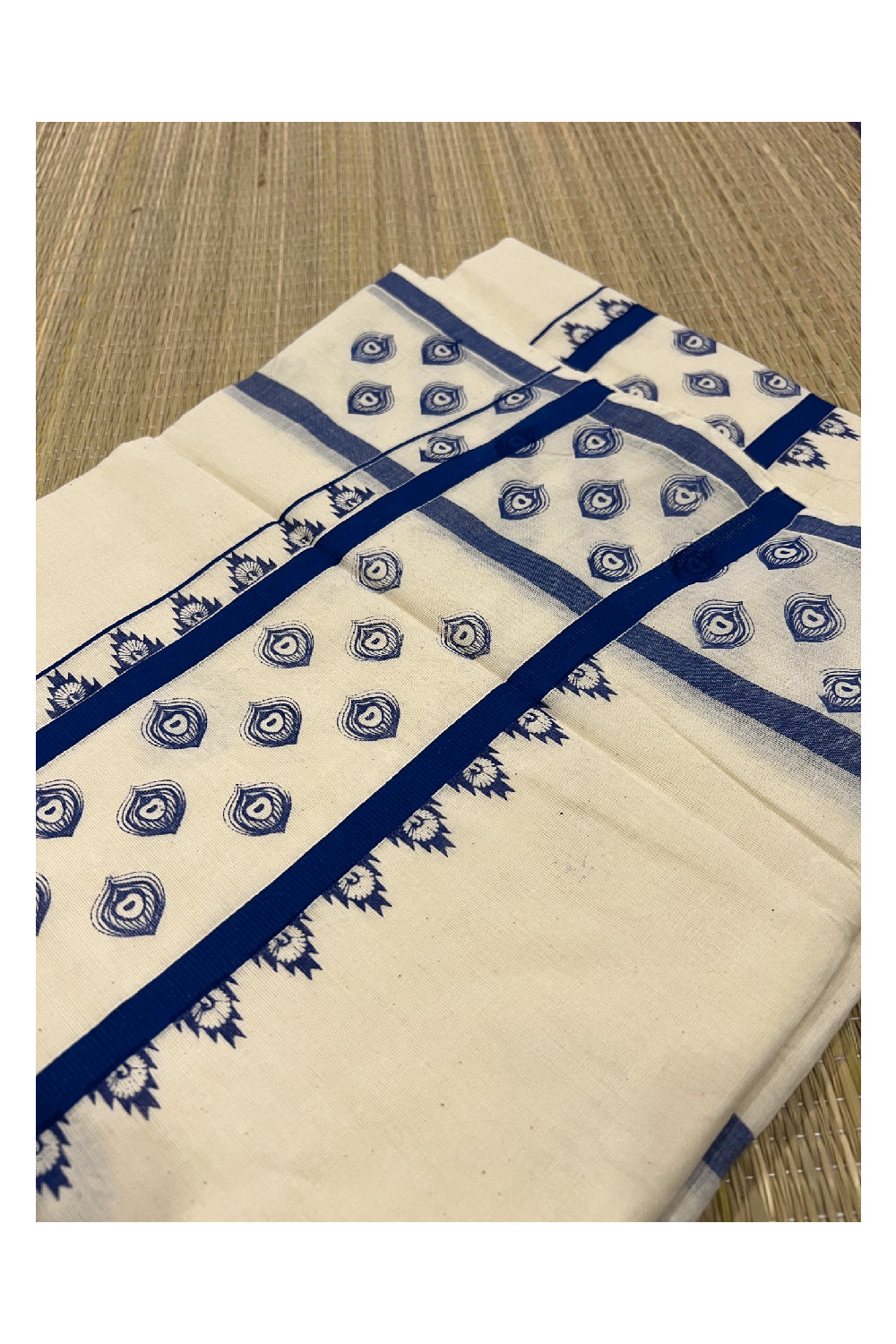 Pure Cotton Off White Kerala Saree with Blue Block Print Border