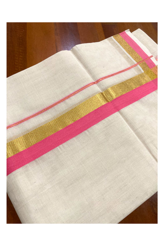 Southloom Premium Handloom Pure Cotton Mundu with Kasavu and Pink Border (South Indian Kerala Dhoti)