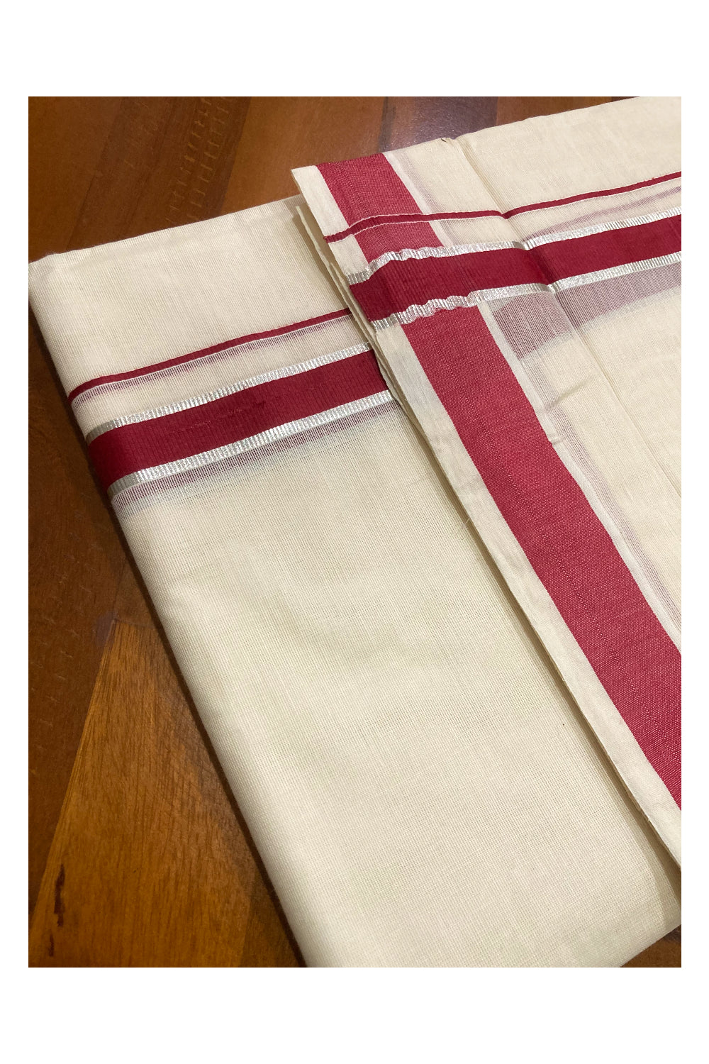 Pure Cotton Double Mundu with Maroon and Silver Kasavu Border (South Indian Dhoti)