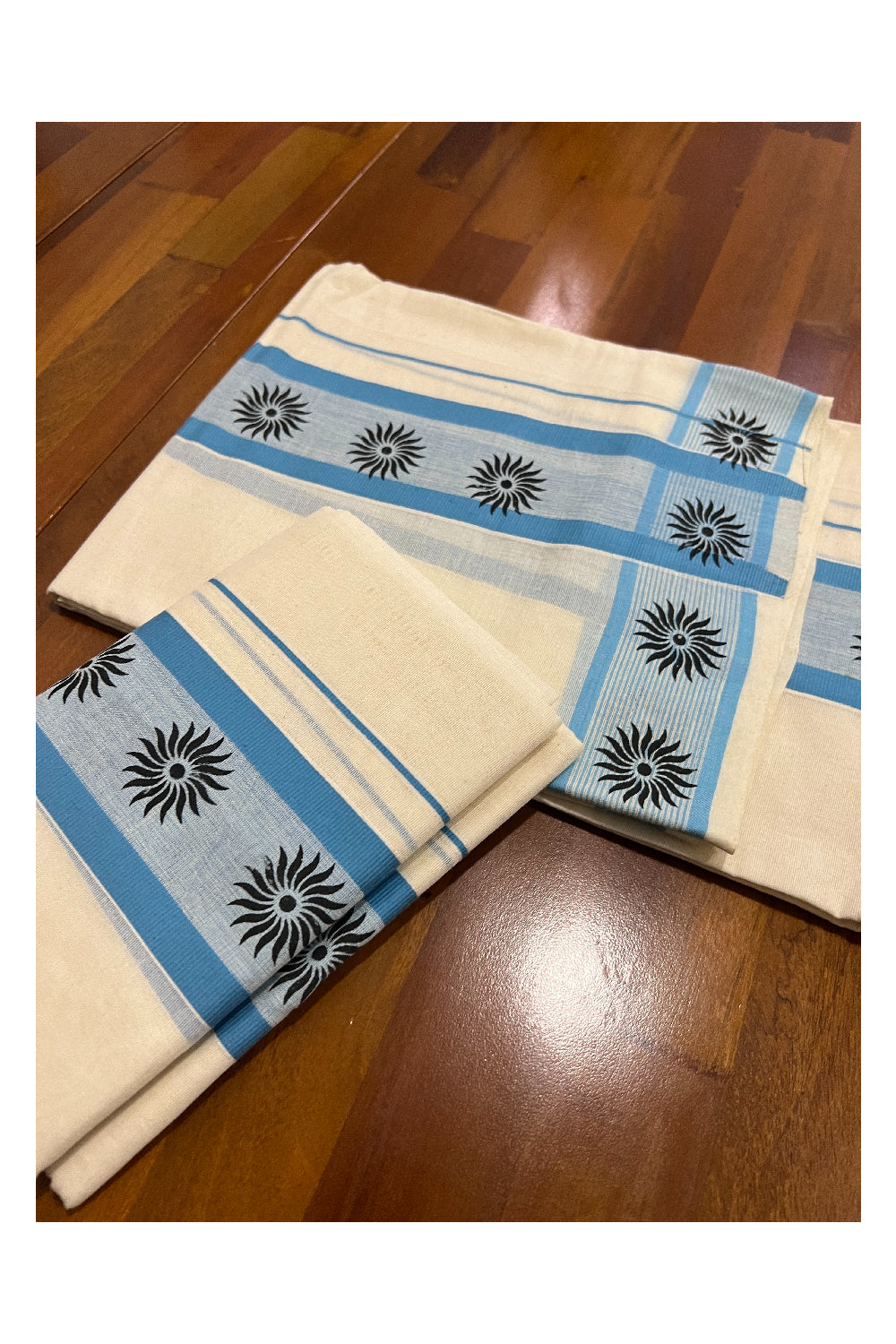 Kerala Cotton Set Mundu (Mundum Neriyathum) with Black Block Prints on Light Blue Border