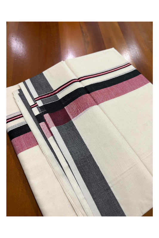 Off White Pure Cotton Double Mundu with Black and Maroon Shaded Border (South Indian Dhoti)