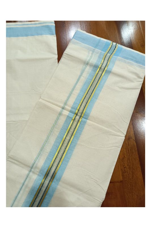 Off White Kerala Double Mundu with Kasavu and Sky Blue Kara (South Indian Dhoti)