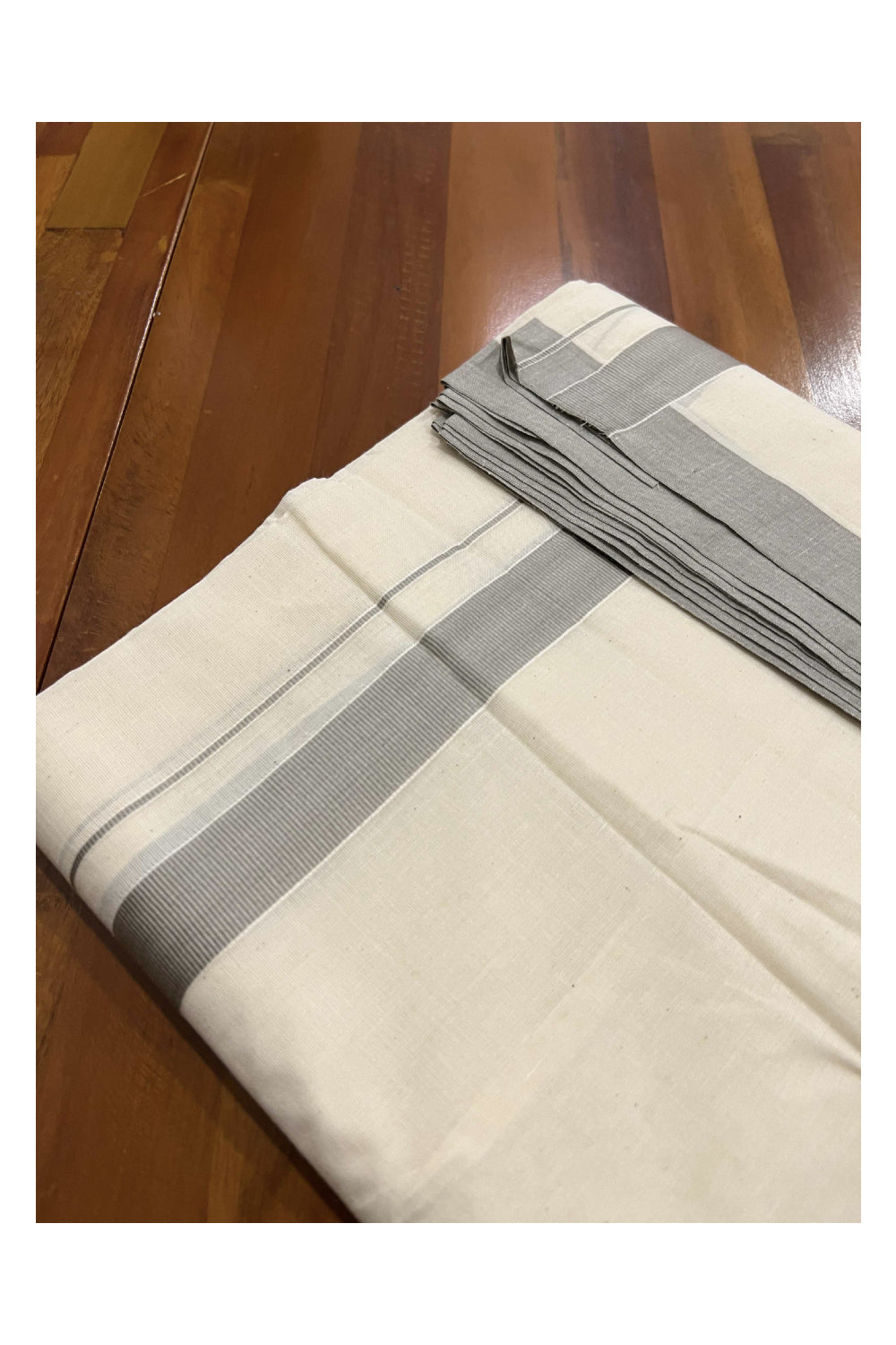 Off White Pure Cotton Double Mundu with Grey Kara (South Indian Dhoti)