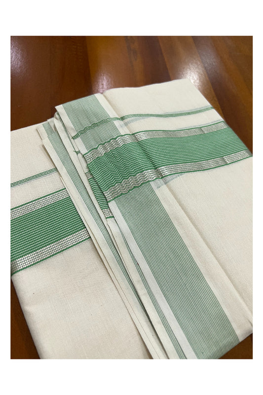 Off White Kerala Double Mundu with Silver Kasavu and Light Green Border (South Indian Dhoti)