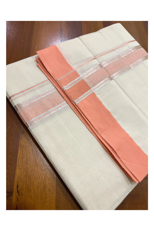 Pure Cotton Off White Double Mundu with Peach and Silver Kara (South Indian Dhoti)