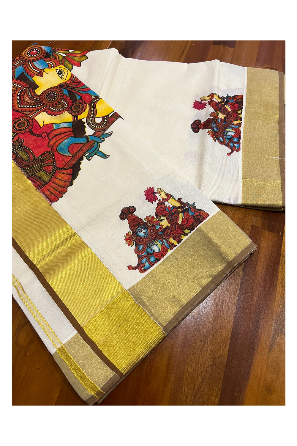 Kerala Pure Cotton Kasavu Saree with Mural Krishna Radha Printed and Light Brown Border