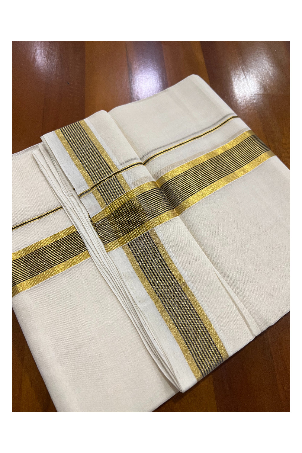 Southloom Balaramapuram Handloom Pure Cotton Mundu with Golden and Black Line Kasavu Border (South Indian Dhoti)