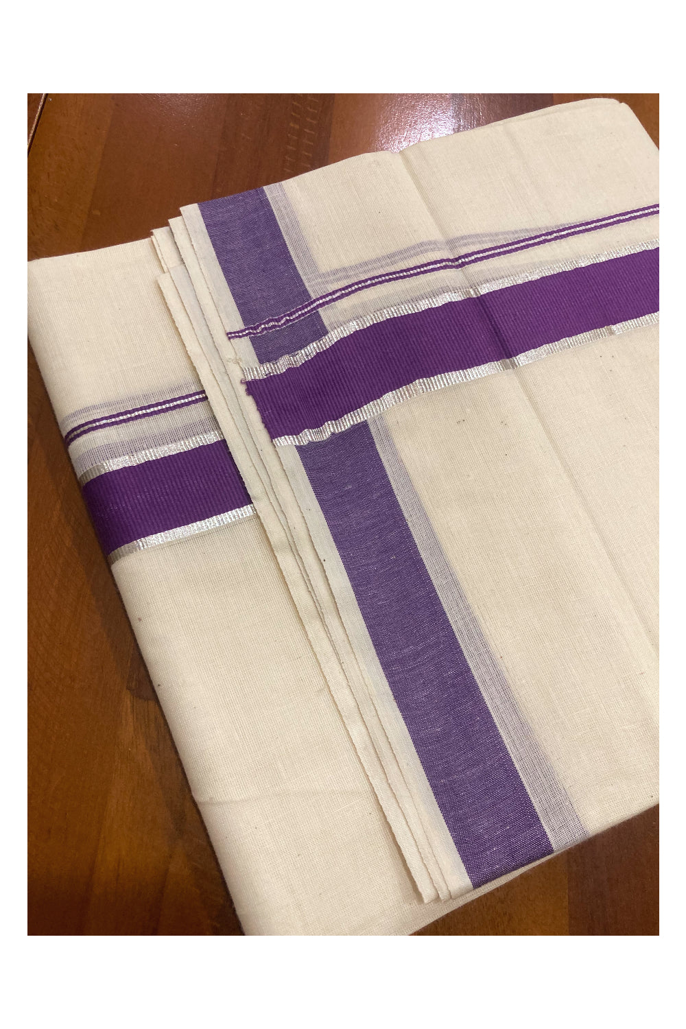 Pure Cotton Double Mundu with Violet and Silver Kasavu Border (South Indian Kerala Dhoti)