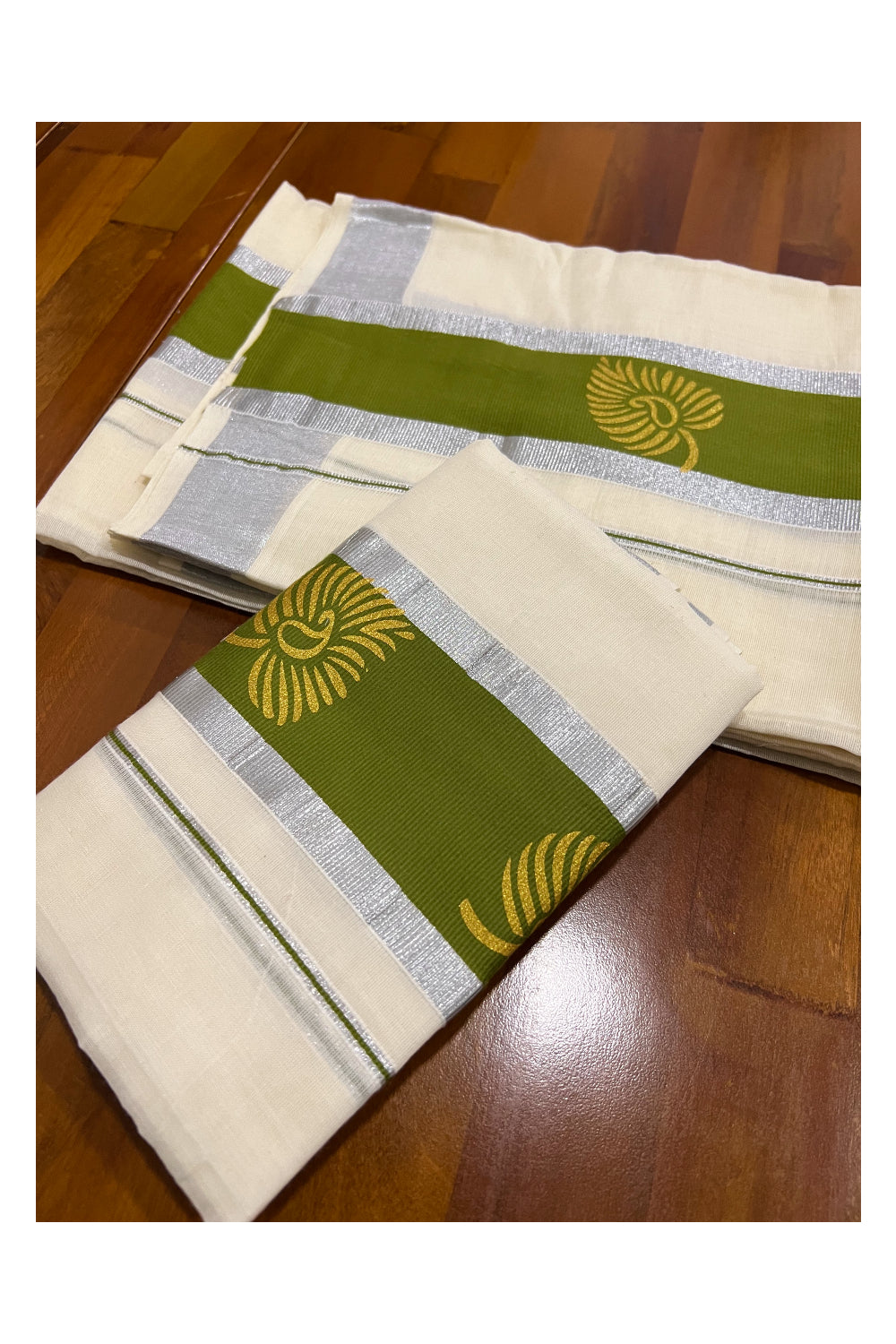 Pure Cotton Kerala Silver Kasavu Set Mundu (Mundum Neriyathum) with Paisley Block Prints on Green Border
