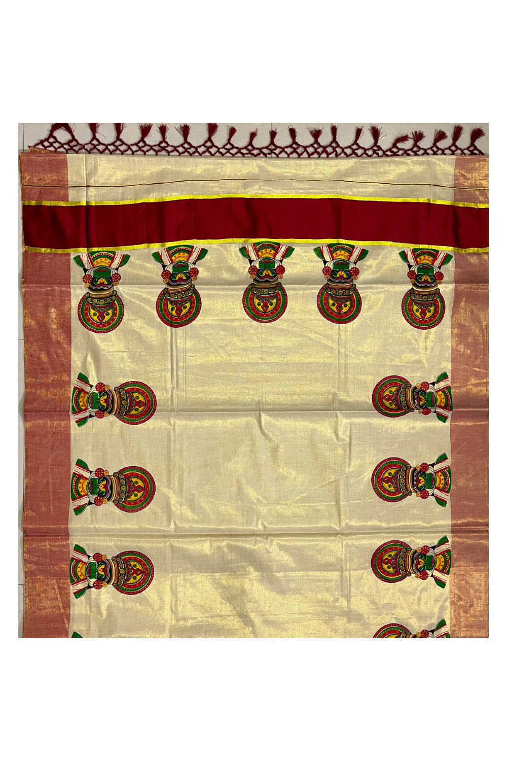 Kerala Tissue Kasavu Kathakali Mural Prints and Maroon Border Saree