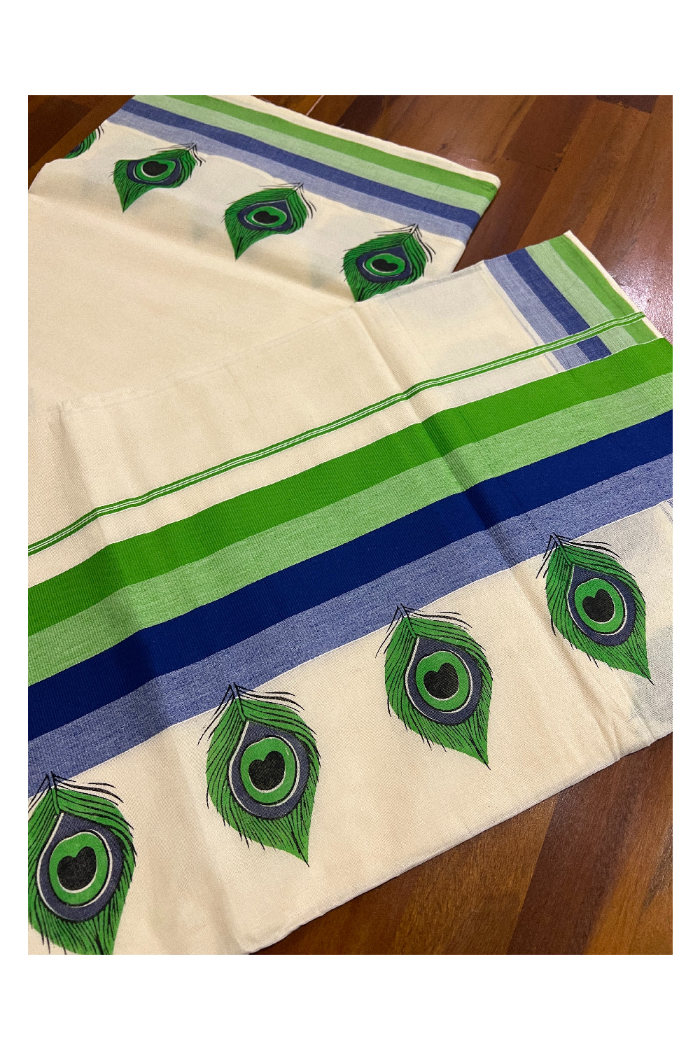 Pure Cotton Light Green and Blue Border Kerala Saree with Feather Block Printed Design